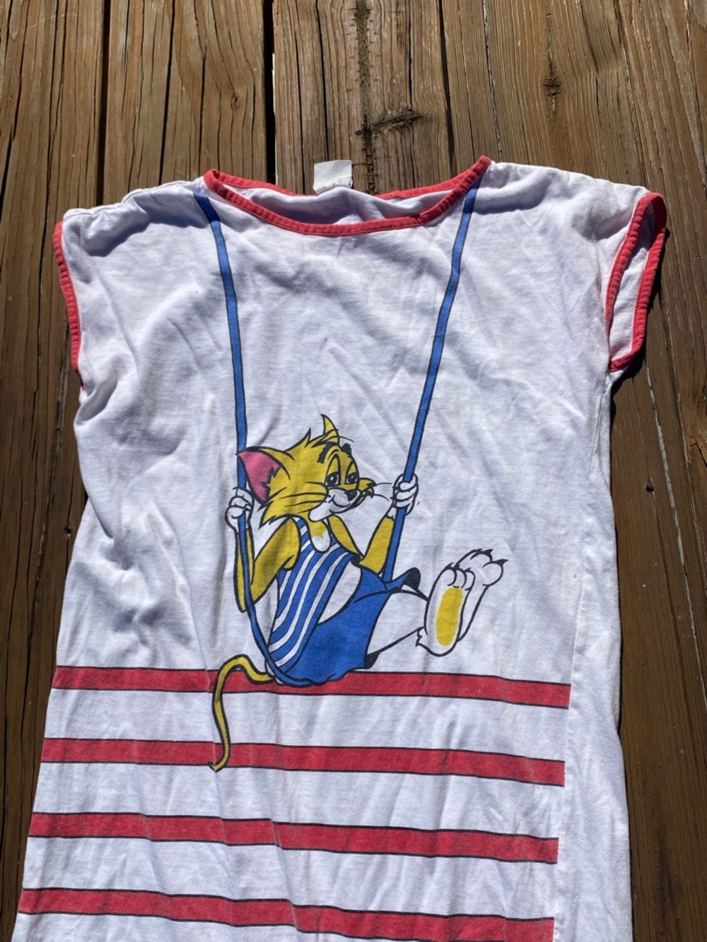 Vintage Red & White Striped Sleep Gown with Cat Swing Graphic